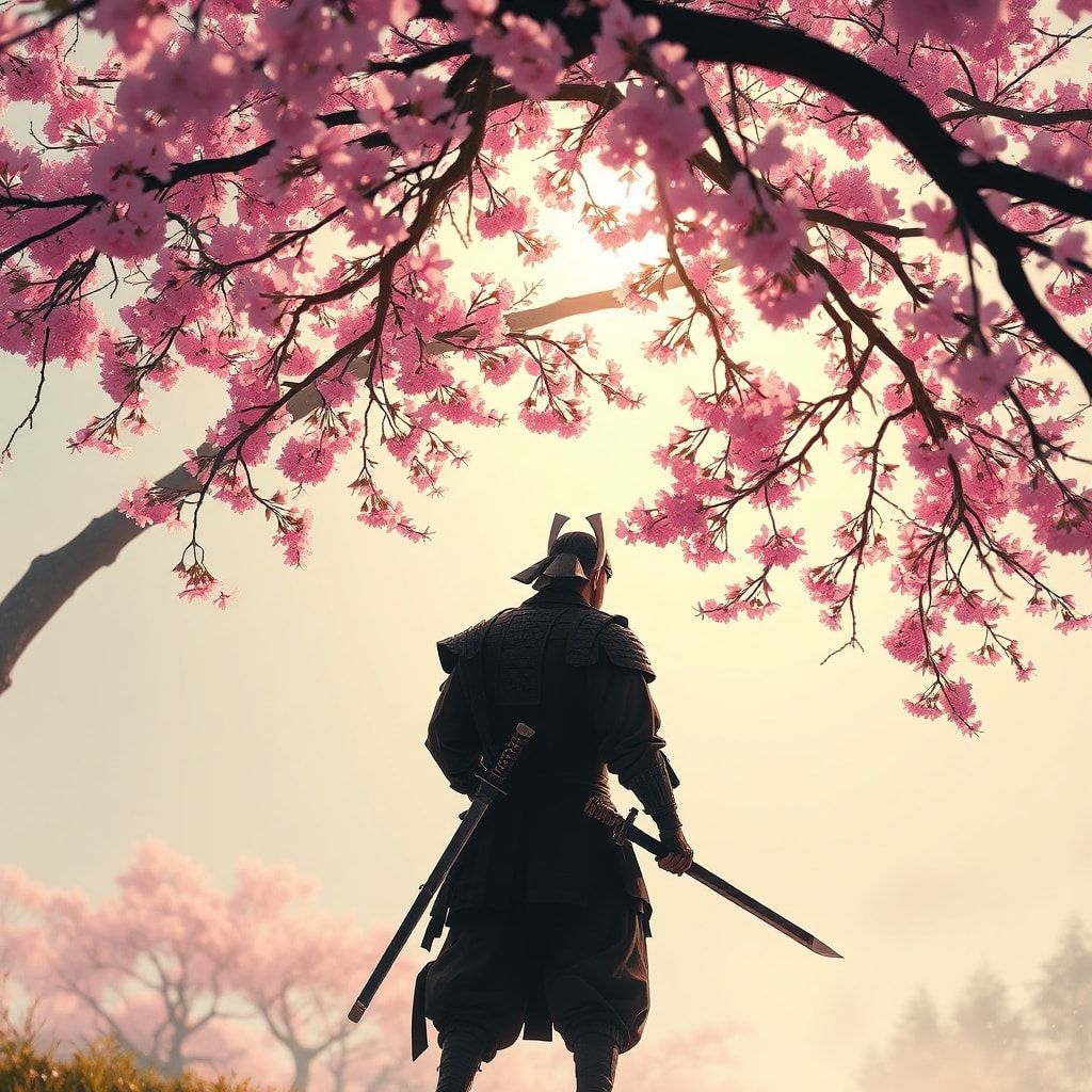 A lone samurai stands beneath a canopy of delicate pink cherry blossoms, his katana resting at his side, bathed in the soft golden light of early morning, surrounded by a gentle breeze that stirs t...