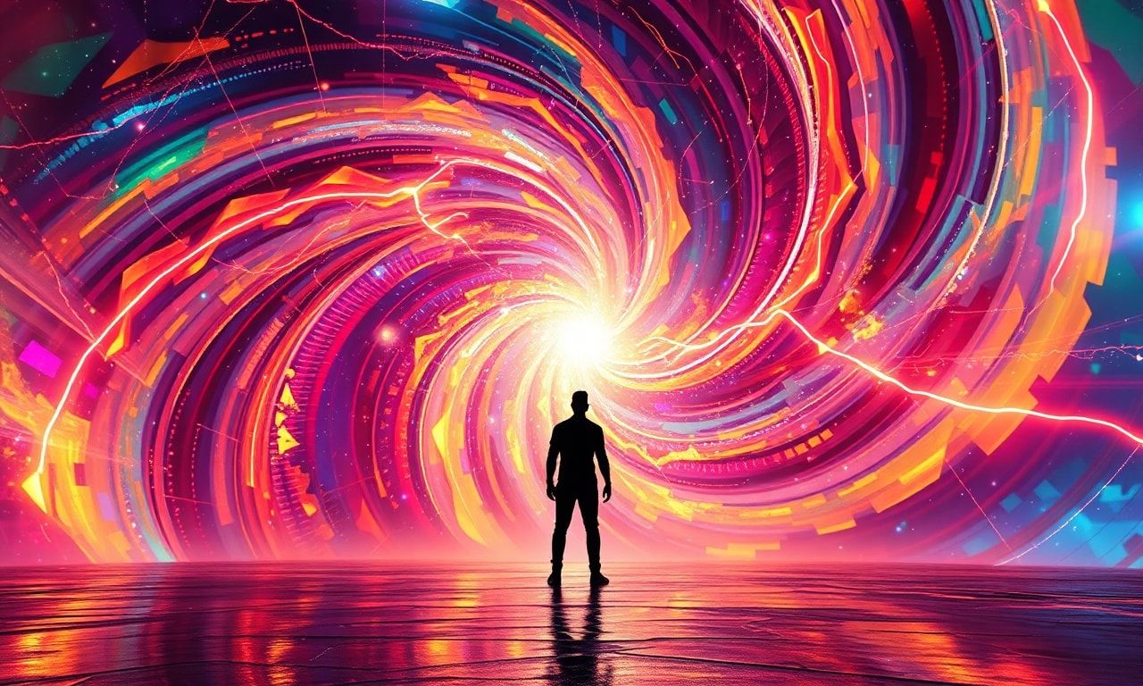 A lone figure stands at the threshold of an ever-expanding, iridescent vortex, their silhouette sharply defined against a swirling galaxy of geometric chaos, where neon ribbons of light dance in pe...