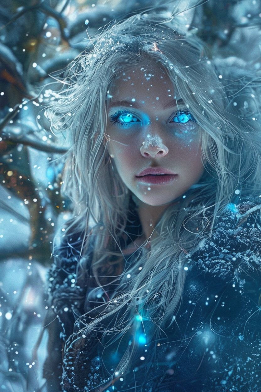 mystical young woman with silver hair and glowing blue eyes stands amidst an ancient, snow-laden forest