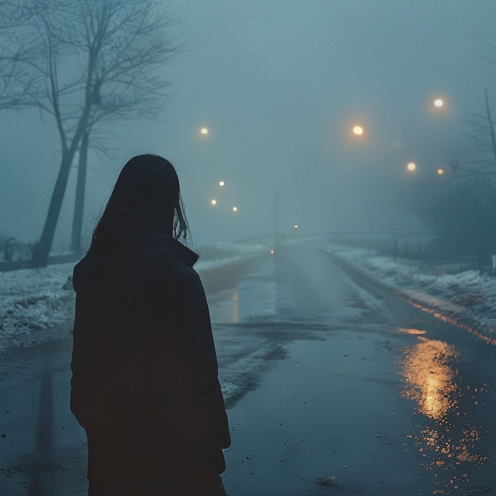 A girl with long black hair stands facing away, looking into the distance on a foggy road. The winter atmosphere feels cold and damp, like after a light rain. Thick February fog drifts across the empty road, reflecting soft, muted streetlight glow. The ground is slightly wet, adding subtle reflections. Pale blue and gray tones dominate the scene. The mood is quiet, melancholic, and cinematic, as if frozen in time. Cinematic composition, wide-angle shot, soft diffused lighting, shallow depth of field, realistic textures, gentle film grain, emotional winter atmosphere, like a scene from a slow, intimate film.