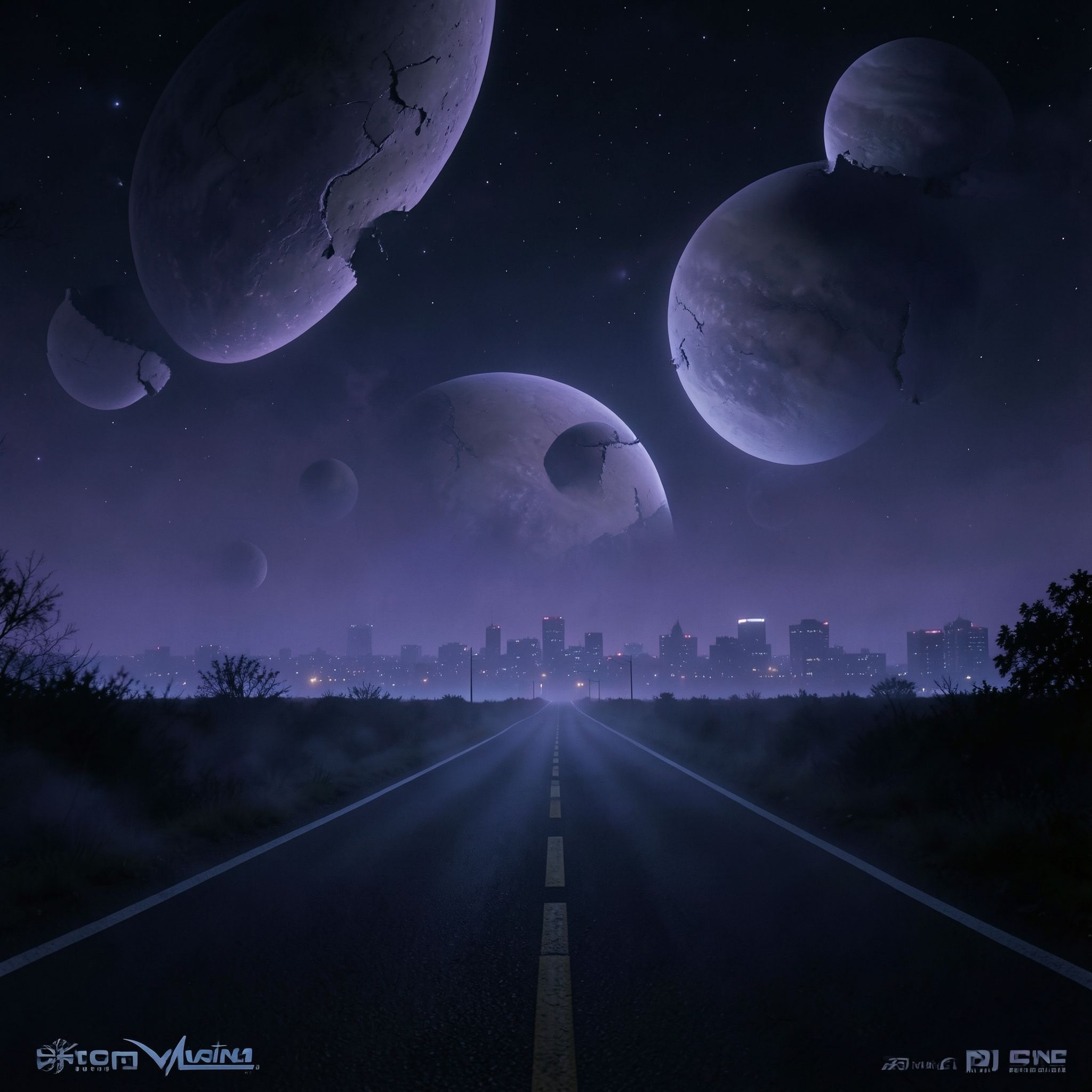 A dark, cinematic synthwave scene where a lonely night road fades into an otherworldly cosmic landscape. The city feels distant and abstract, barely visible through deep violet and blue mist. Above the horizon, massive planets and fractured moons glow softly, suspended in the dark sky like ancient celestial beings.