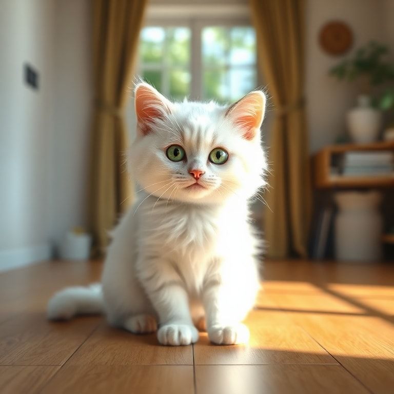 A cute, fluffy white cat with bright green eyes, sitting on a soft, wooden floor in a cozy, sunlit room with a window in the background. The cat is looking directly at the viewer with a calm and curious expression. Photorealistic style, high detail, vibrant colors, 4K resolution, 1024x1024 pixels.