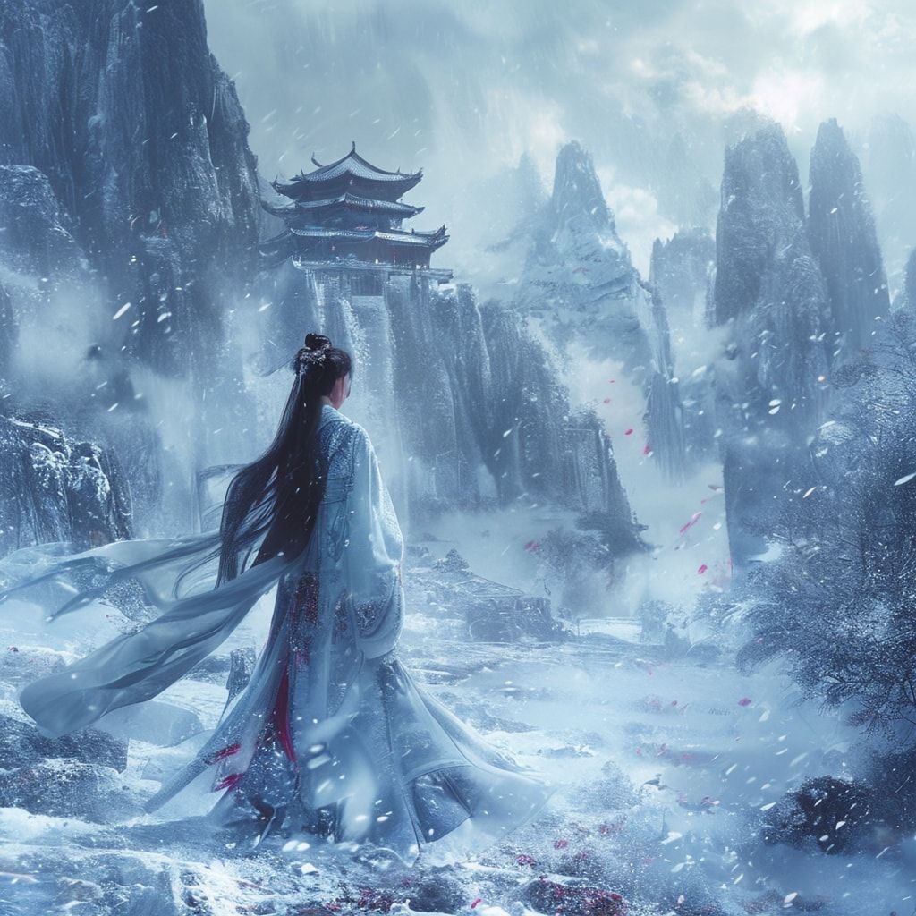 A cinematic fantasy scene inspired by ancient China: a graceful woman in an elegant, flowing Chinese fantasy robe stands alone in an icy valley. Frost and snow cover the ground, shimmering in cold blue light. In the distance, a majestic ancient Chinese castle rises through the mist, surrounded by towering snow-covered mountains. Winter wind moves her long hair and silk fabric, creating a sense of destiny and timeless power. The atmosphere is epic, mystical, and emotional, like a high-budget fantasy movie. Ultra-detailed, cinematic lighting, wide-angle shot, cold color palette, dramatic clouds, ethereal mood, 4K, film still, fantasy realism.