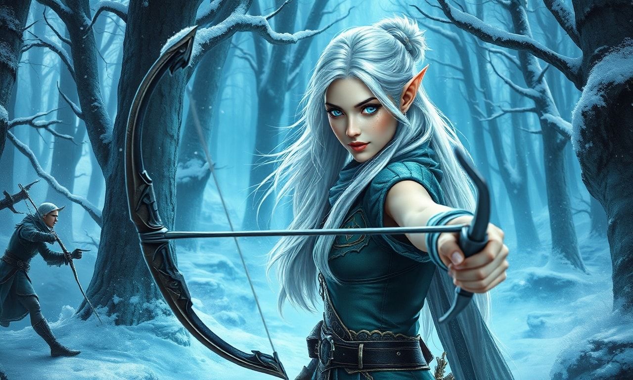 mystical young woman elf with silver hair and glowing blue eyes stands amidst an ancient, snow-laden forest, elven archer