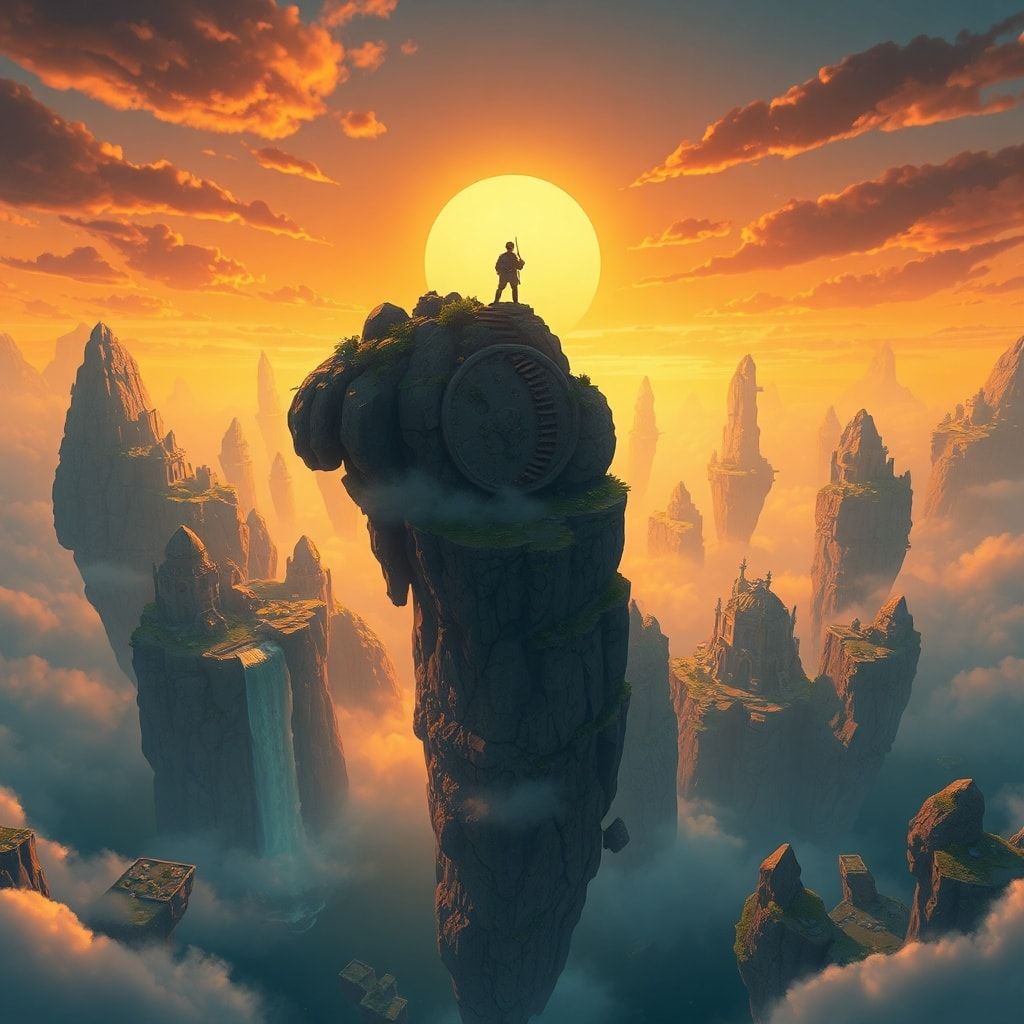 A vast expanse of floating islands drifts through a golden twilight sky, their jagged cliffs adorned with ancient ruins and cascading waterfalls. A lone adventurer stands atop the highest peak, sil...