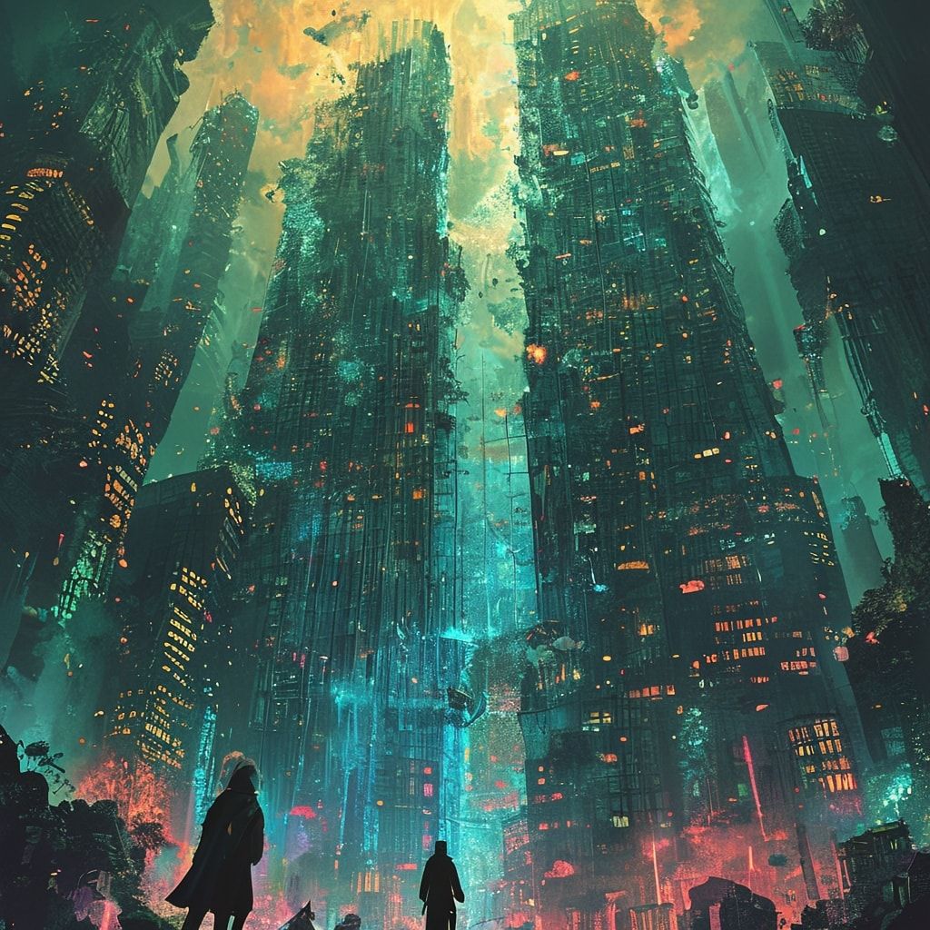 A towering, vine-choked skyscraper looms over a fractured metropolis, its glass panes shattered like dragon scales, while bioluminescent fungi pulse in the ruins below. A lone, hooded figure stands...