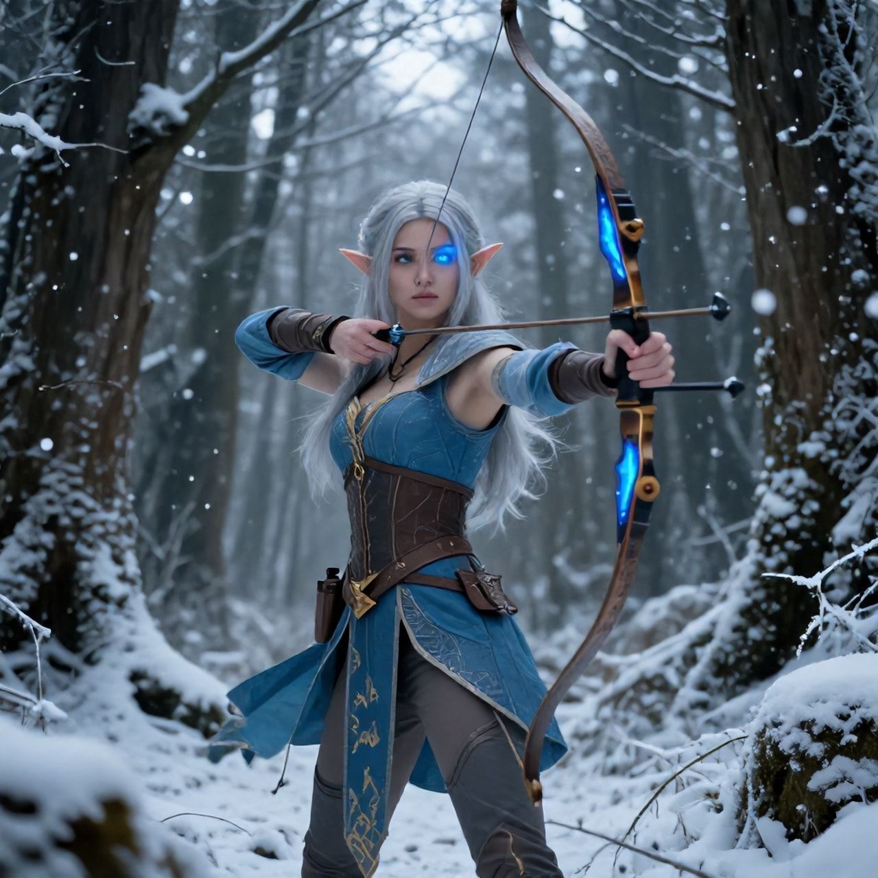 mystical young woman elf with silver hair and glowing blue eyes stands amidst an ancient, snow-laden forest, elven archer