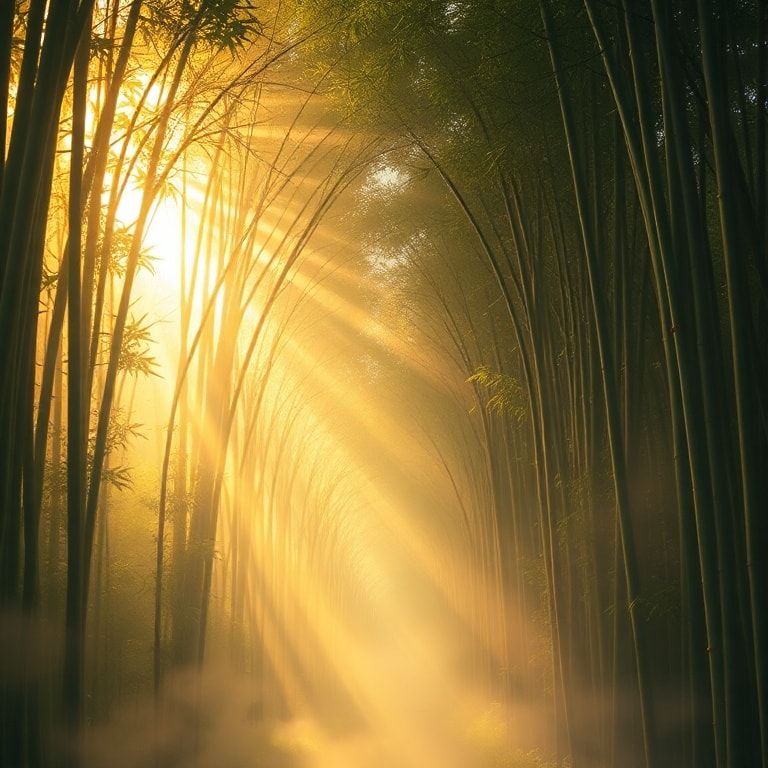 A surreal bamboo forest emerges from swirling mist, towering stalks bending into impossible arches that form an endless labyrinth. Ethereal golden light filters through the canopy, casting elongate...