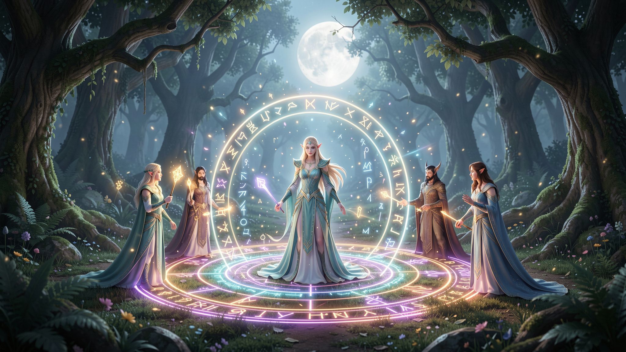 Cinematic elven magic circle ritual fantasy video, slow panning around a sacred grove where an elegant elven maiden and companions form a glowing magic circle, runes and wards rising in the air, gentle camera movements and smooth transitions, soft light particles and dome of protection, moonlight through ancient trees, ritual and protective atmosphere, fantasy aesthetic, peaceful and mystical mood, high quality visual effects, dreamlike composition