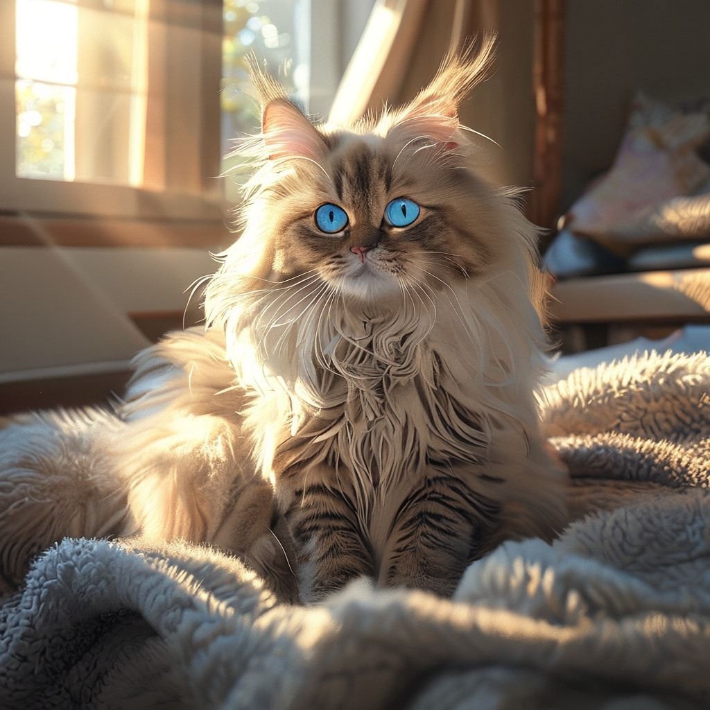 A cute, fluffy long-haired cat with bright blue eyes, sitting on a soft gray blanket in a cozy living room with warm sunlight streaming through a window, realistic photorealistic style, high detail, 1024x1024 pixels