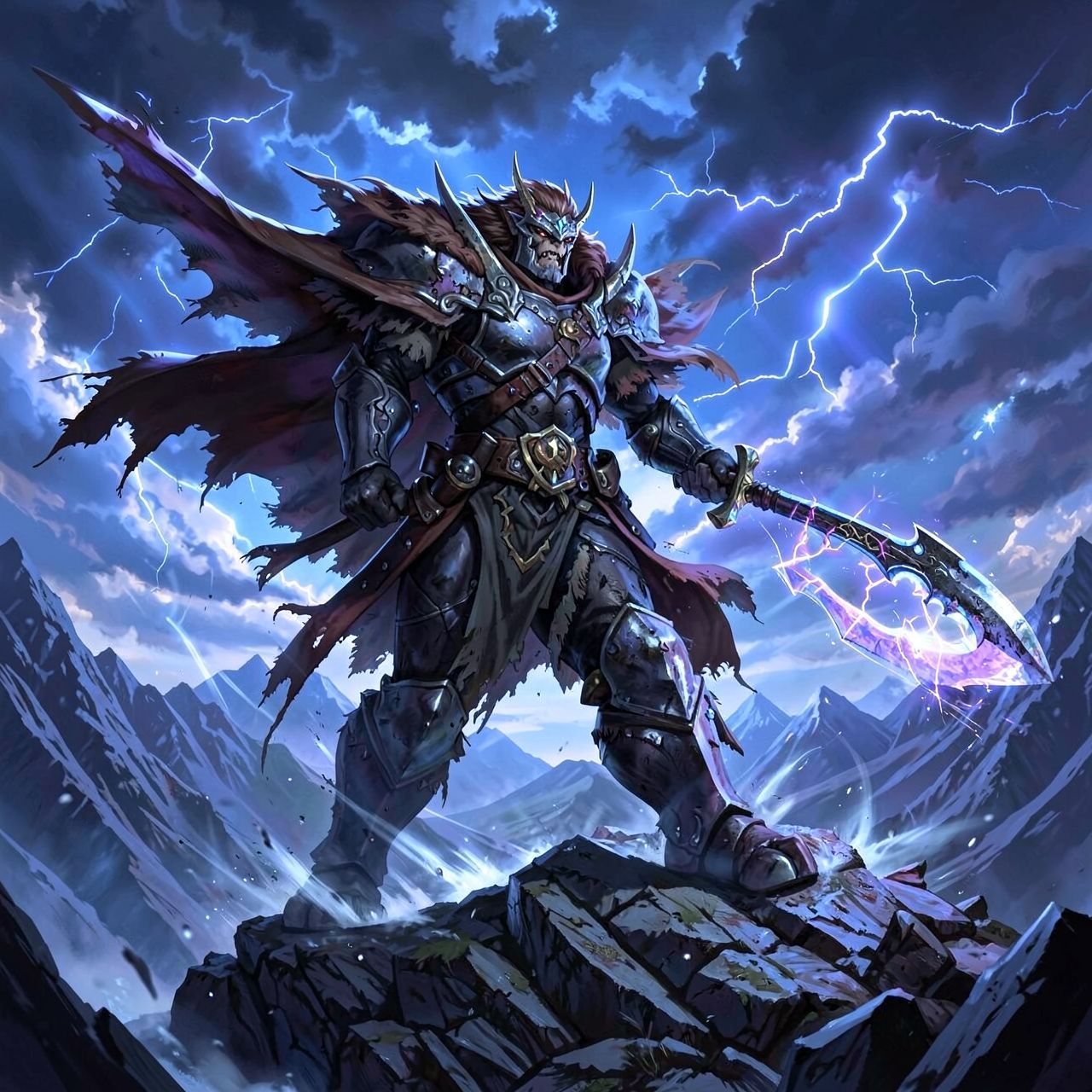 A colossal armored figure stands atop a storm-lashed mountain peak, wielding a massive, weathered blade that hums with arcane energy. The warrior’s tattered cloak billows in the gale as lightning s...