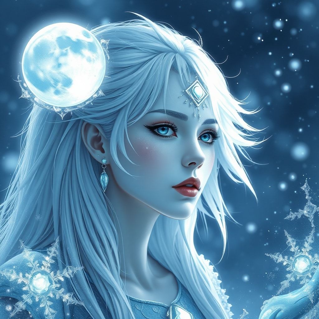 ethereal frozen oracle girl, pale icy skin, white-silver hair, luminous moon sigil, frost particles, cosmic silence, cinematic ultra-detailed
