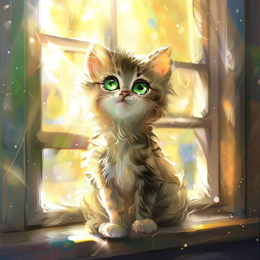 A cute and fluffy kitten with bright green eyes, sitting on a windowsill with sunlight streaming through the window, in a whimsical cartoon style, soft colors, cozy atmosphere, detailed fur texture, high quality, 1024x1024 pixels