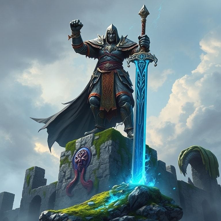 A towering fantasy warrior clad in ornate, weathered armor stands victorious atop a moss-covered stone ruin, his glowing rune-engraved greatsword embedded in the ground, emanating ethereal blue mis...