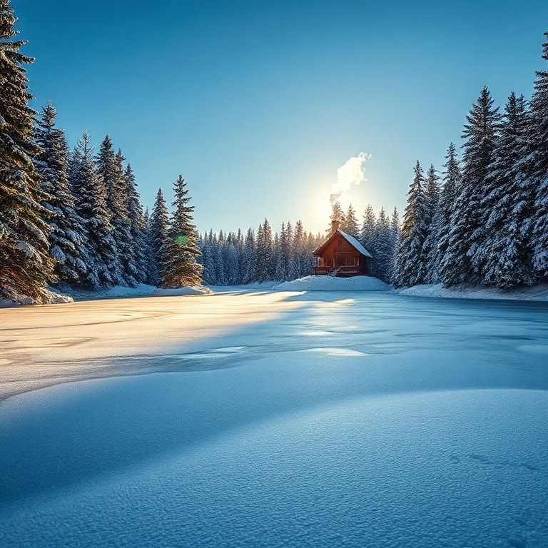 A breathtaking winter landscape featuring a frozen lake surrounded by snow-laden evergreen trees. In the distance, a cozy wooden cabin with smoke rising from its chimney nestled among the trees. The sky is a clear, deep blue, and the low sun casts a soft, warm golden light across the scene, creating a magical and serene atmosphere. The snow on the ground and trees is detailed with a crisp, photorealistic texture, emphasizing the cold, fresh air. The composition is balanced, with the lake leading the eye towards the cabin, evoking a sense of peaceful solitude and winter wonder.