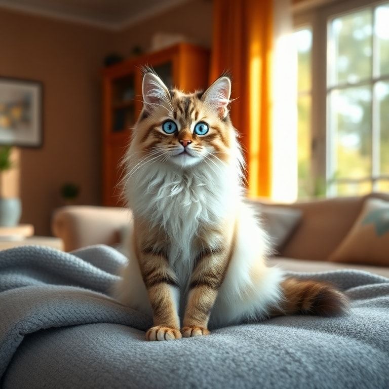 A cute, fluffy long-haired cat with bright blue eyes, sitting on a soft gray blanket in a cozy living room with warm sunlight streaming through a window, realistic photorealistic style, high detail, 1024x1024 pixels