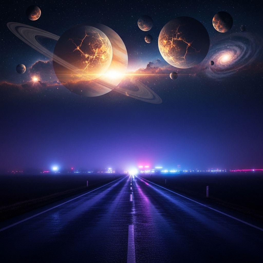 A dark, cinematic synthwave scene where a lonely night road fades into an otherworldly cosmic landscape. The city feels distant and abstract, barely visible through deep violet and blue mist. Above the horizon, massive planets and fractured moons glow softly, suspended in the dark sky like ancient celestial beings.