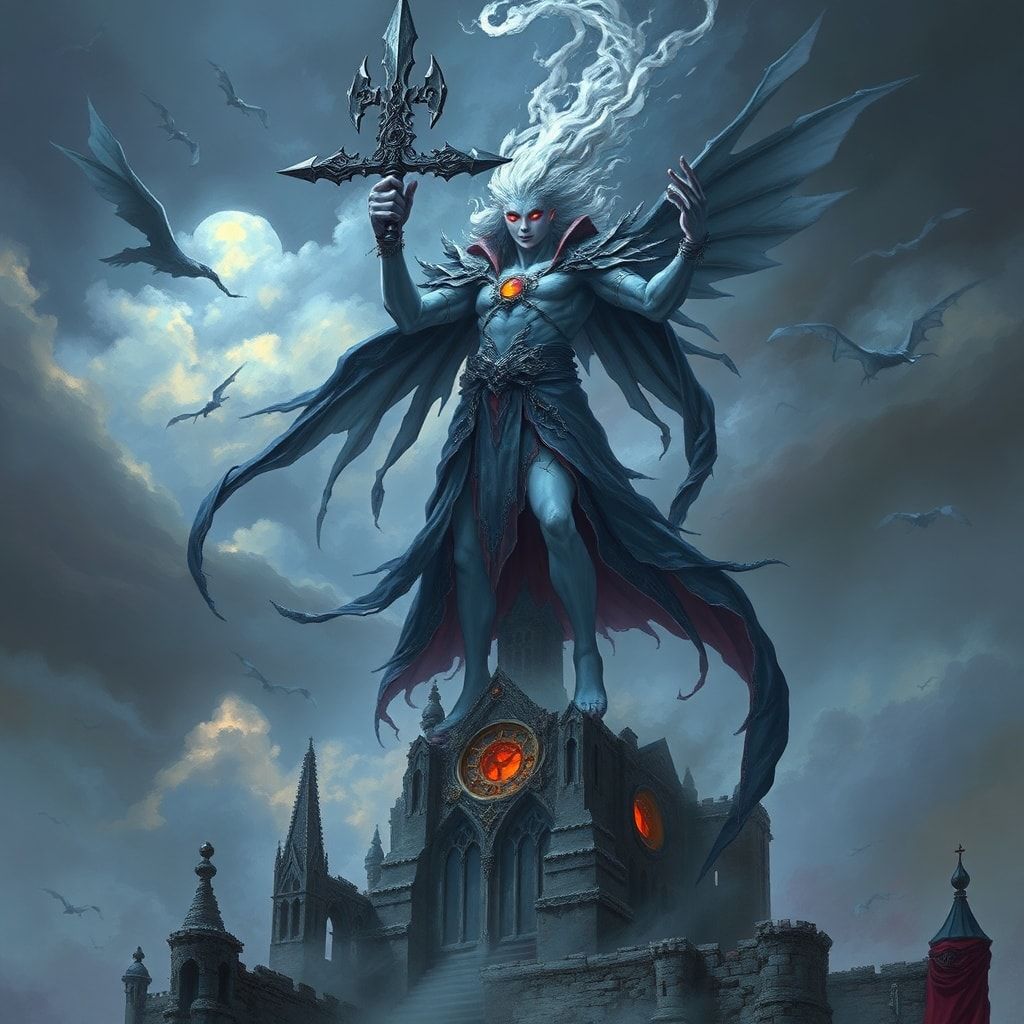 A towering, ethereal figure with silver-blue skin and glowing crimson eyes stands atop a ruined cathedral, wreathed in swirling shadows, raising a jagged obsidian blade as storm clouds churn overhe...