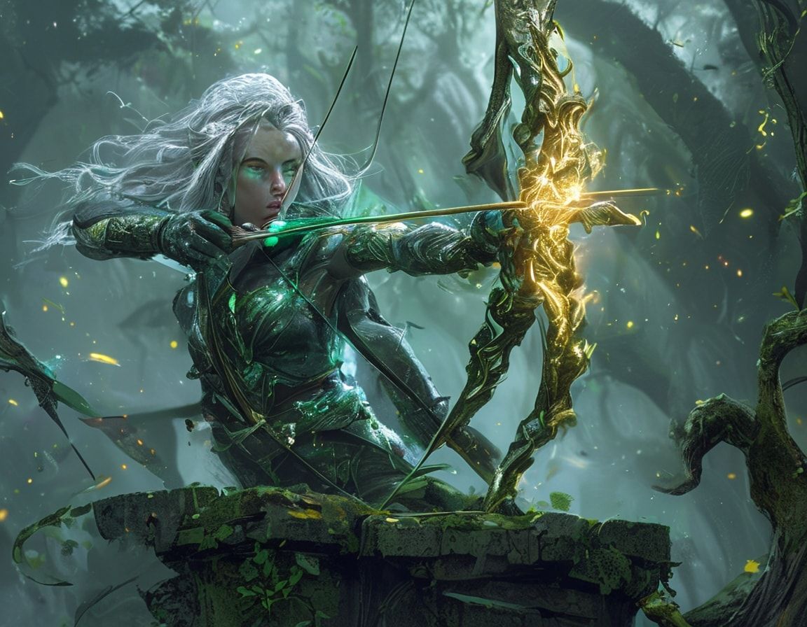 A lithe, silver-haired archer with emerald eyes draws her enchanted bow, arrow glowing with arcane energy, perched on a moss-covered ruin in an ancient forest. Mist swirls around her ankles as gold...