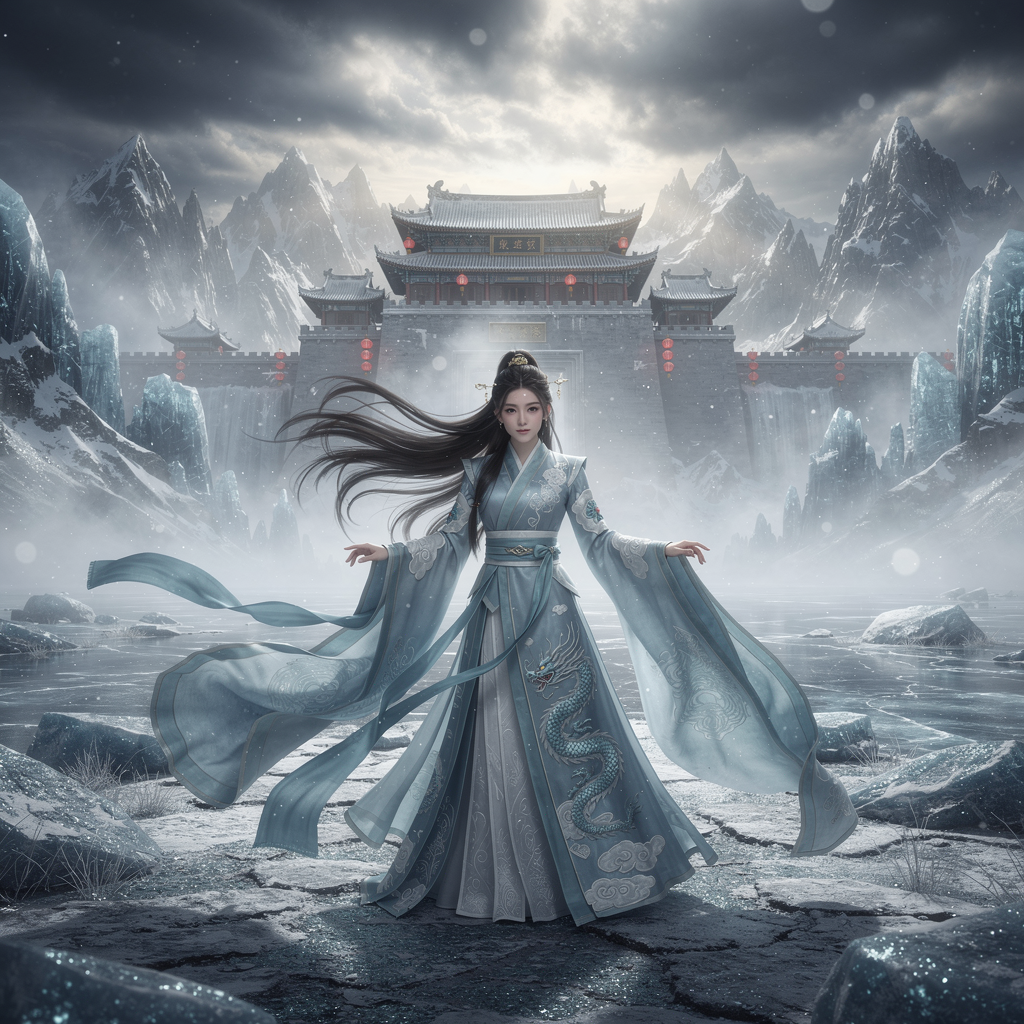 A cinematic fantasy scene inspired by ancient China: a graceful woman in an elegant, flowing Chinese fantasy robe stands alone in an icy valley. Frost and snow cover the ground, shimmering in cold blue light. In the distance, a majestic ancient Chinese castle rises through the mist, surrounded by towering snow-covered mountains. Winter wind moves her long hair and silk fabric, creating a sense of destiny and timeless power. The atmosphere is epic, mystical, and emotional, like a high-budget fantasy movie. Ultra-detailed, cinematic lighting, wide-angle shot, cold color palette, dramatic clouds, ethereal mood, 4K, film still, fantasy realism.