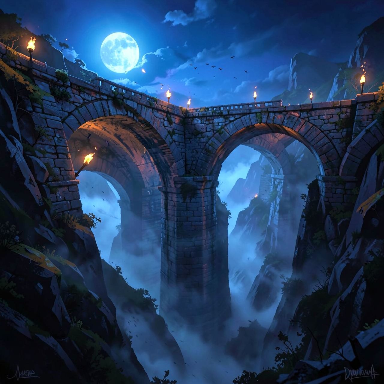 A towering stone bridge spans a misty ravine under a moonlit sky, its ancient arches glowing with flickering torchlight, casting long shadows on the weathered stone. The distant sound of howling wi...