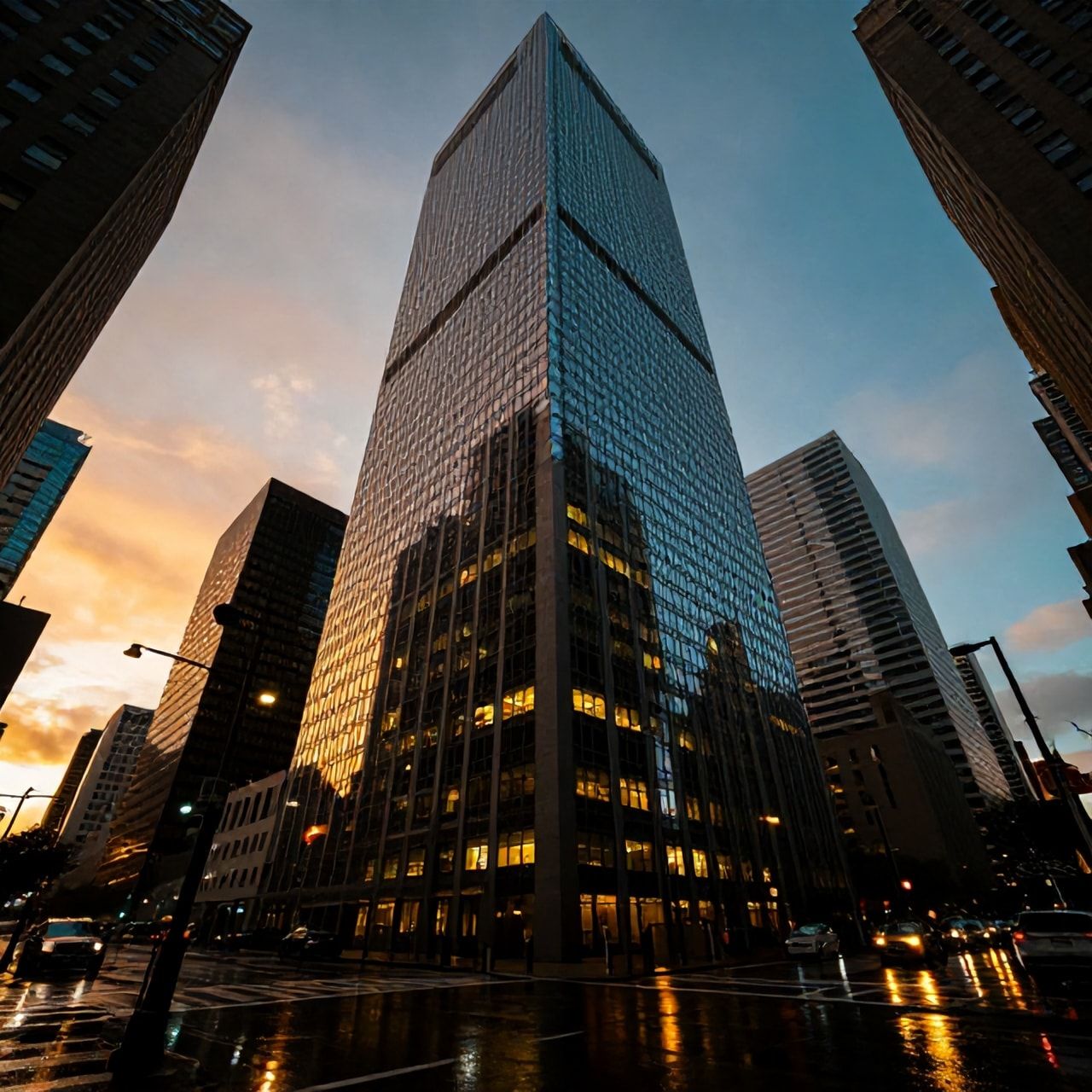 A towering skyscraper looms over a rain-slicked city at golden hour, its neon-lit windows casting jagged reflections on wet pavement, bathed in high-contrast noir lighting with deep shadows and a s...