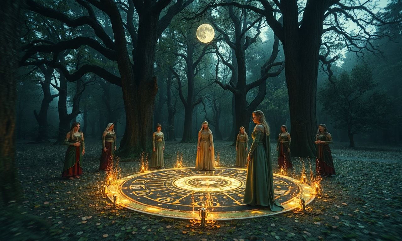 Cinematic elven magic circle ritual fantasy video, slow panning around a sacred grove where an elegant elven maiden and companions form a glowing magic circle, runes and wards rising in the air, gentle camera movements and smooth transitions, soft light particles and dome of protection, moonlight through ancient trees, ritual and protective atmosphere, fantasy aesthetic, peaceful and mystical mood, high quality visual effects, dreamlike composition