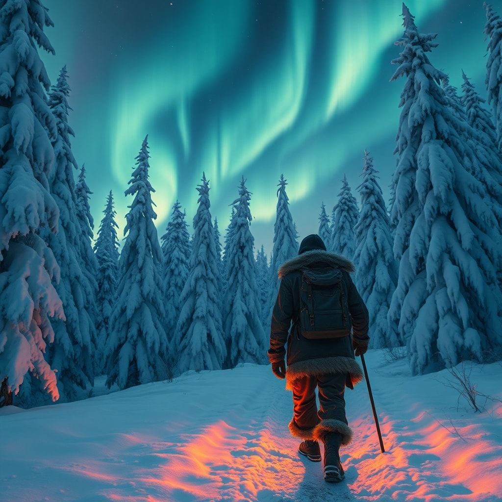 A lone frostbitten traveler in tattered furs trudges through a snow-laden forest at dusk, their breath visible in the crisp air, as ethereal auroras dance above towering ice-covered pines, casting ...