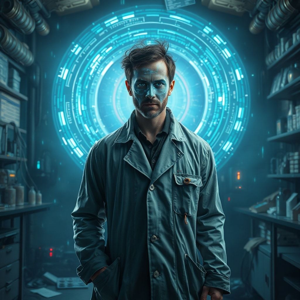 A lone scientist in a tattered lab coat stands before a flickering holographic portal, his face illuminated by eerie blue light, surrounded by floating data streams in a decaying, futuristic labora...