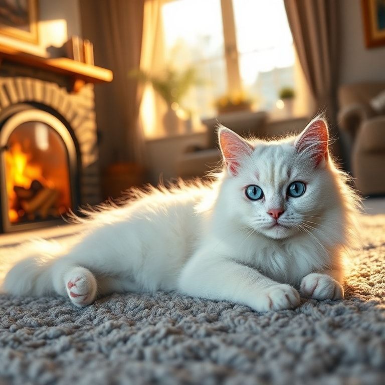A cute, fluffy long-haired white cat with bright blue eyes, lying on a soft gray carpet in a cozy living room with a warm fireplace in the background. Bathed in warm golden hour sunlight streaming through a nearby window. Highly detailed photorealistic style, serene and cozy atmosphere, 1024x1024 pixels