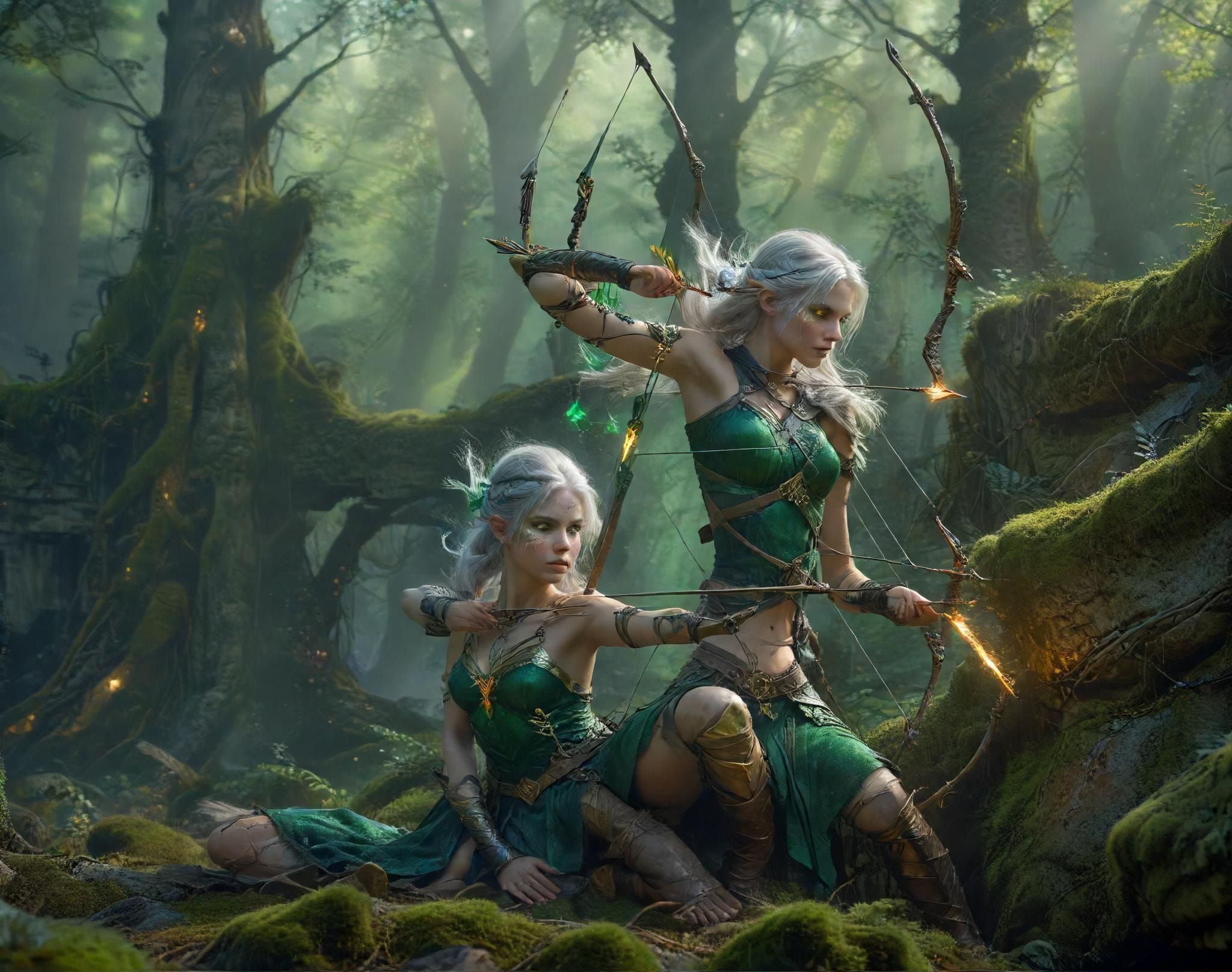 A lithe, silver-haired archer with emerald eyes draws her enchanted bow, arrow glowing with arcane energy, perched on a moss-covered ruin in an ancient forest. Mist swirls around her ankles as gold...