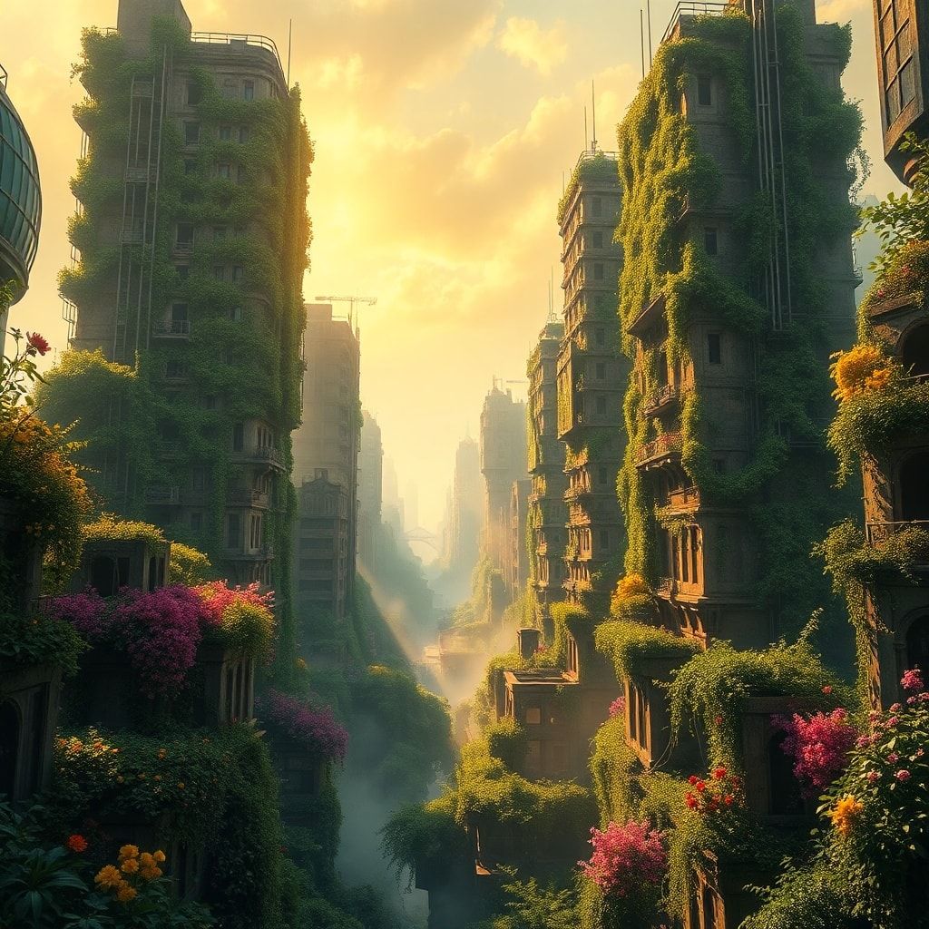 A sprawling abandoned metropolis reclaimed by lush, vibrant foliage, towering skyscrapers draped in ivy and wildflowers, golden sunlight piercing through dense mist, casting dramatic shadows across...