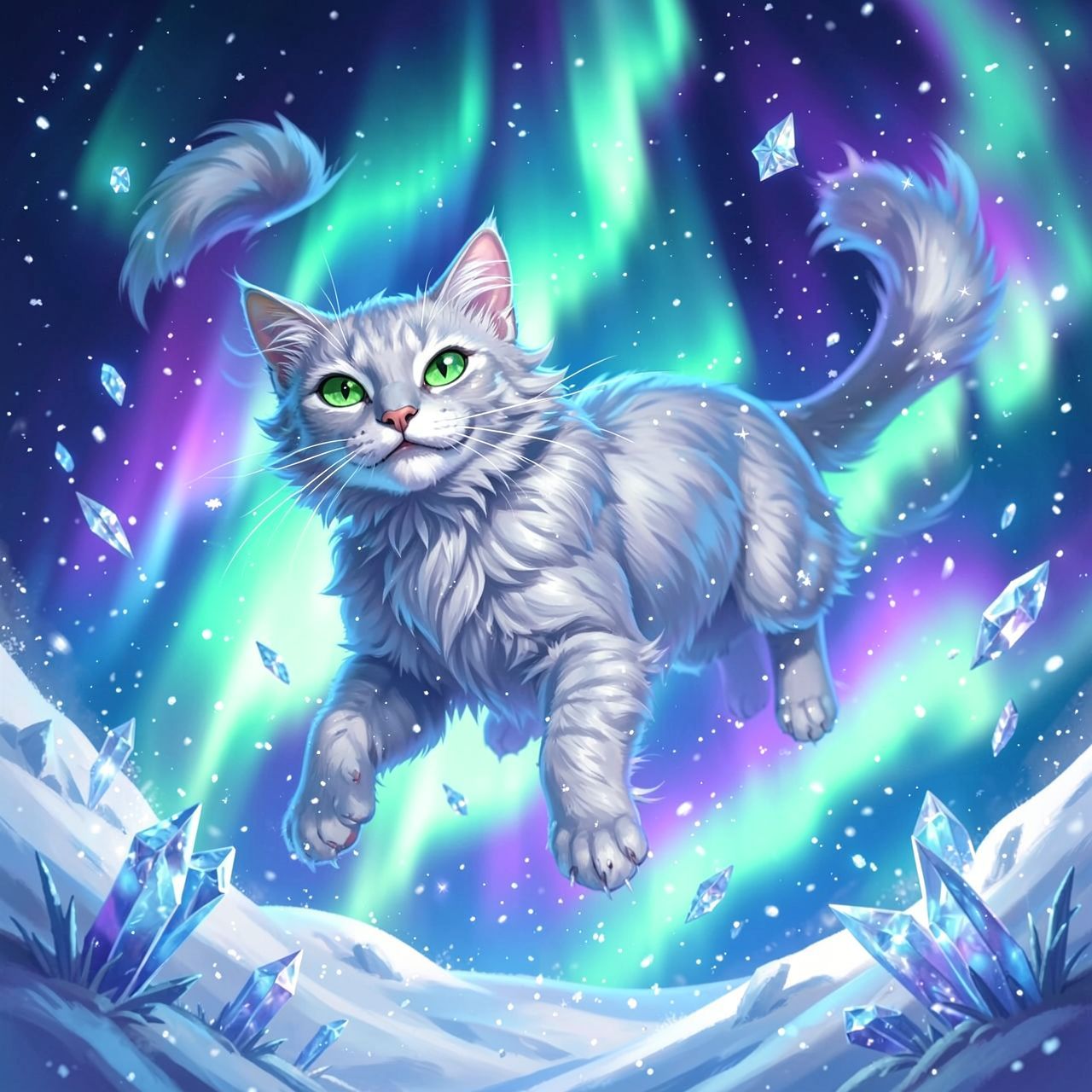 A majestic silver-furred feline with glowing emerald eyes leaps gracefully through a swirling aurora borealis, its tail trailing like a comet, surrounded by floating ice crystals and shimmering snow