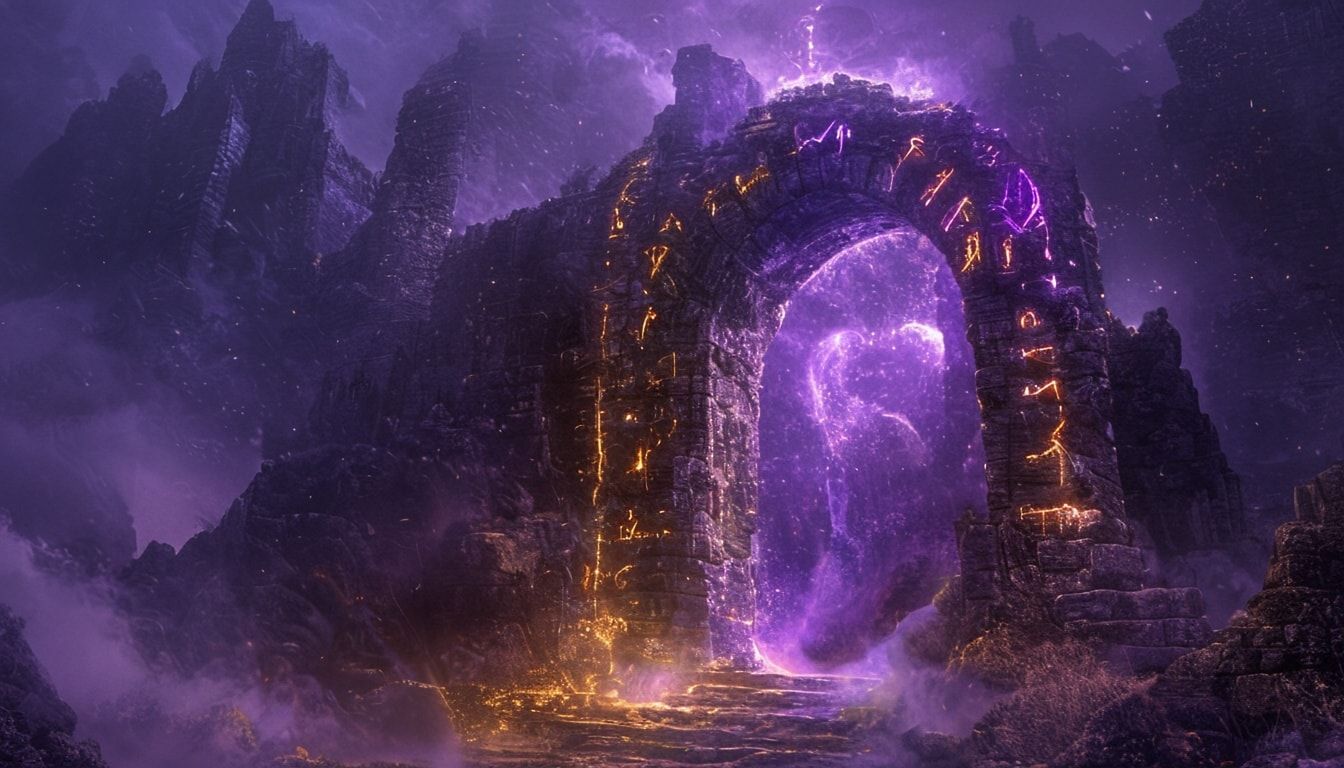 A towering, crumbling stone archway in a moonlit abandoned castle, glowing with swirling violet and gold runes, reveals a shimmering portal to another realm. Ethereal mist curls around ancient ruin...