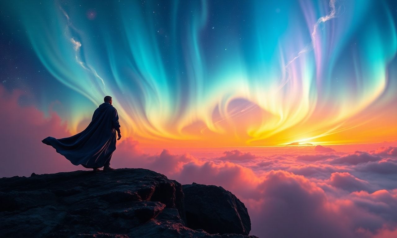 A lone traveler in a flowing indigo robe stands at the precipice of an infinite cosmic storm, their silhouette bathed in the radiant hues of a celestial aurora, as swirling tendrils of luminous gas...