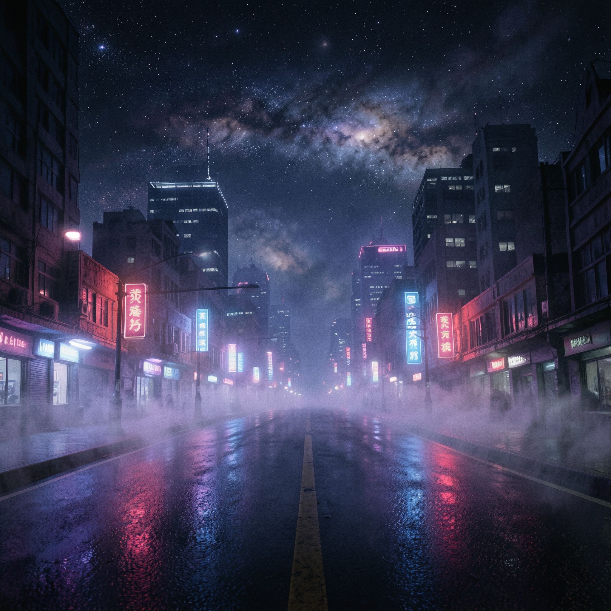A dark synthwave cinematic scene: an empty night road cutting through a futuristic noir city, glowing with deep neon lights in purple, blue, and crimson. Thick fog drifts across the street, reflecting neon signs and distant skyscrapers. Above the city, the night sky opens into a surreal cosmic view — stars, nebula clouds, and faint galaxies blending into the urban skyline. The atmosphere is mysterious, epic, and cinematic, mixing cyberpunk noir with cosmic fantasy. High contrast lighting, dramatic perspective, wide-angle shot, neon reflections on wet asphalt, volumetric fog, deep shadows, subtle film grain, retro-futuristic color palette, epic dark mood, like a scene from a sci-fi movie