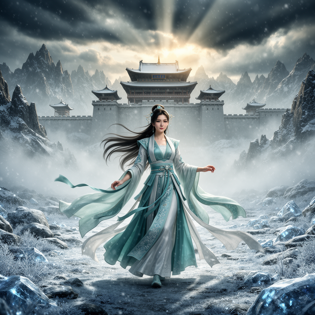 A cinematic fantasy scene inspired by ancient China: a graceful woman in an elegant, flowing Chinese fantasy robe stands alone in an icy valley. Frost and snow cover the ground, shimmering in cold blue light. In the distance, a majestic ancient Chinese castle rises through the mist, surrounded by towering snow-covered mountains. Winter wind moves her long hair and silk fabric, creating a sense of destiny and timeless power. The atmosphere is epic, mystical, and emotional, like a high-budget fantasy movie. Ultra-detailed, cinematic lighting, wide-angle shot, cold color palette, dramatic clouds, ethereal mood, 4K, film still, fantasy realism.