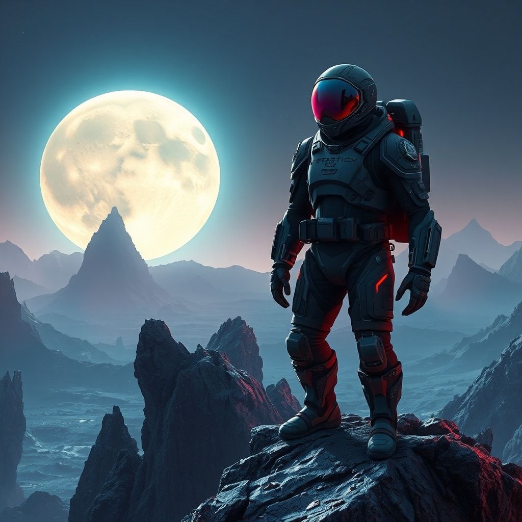 A lone space explorer in a high-tech exosuit stands atop a jagged crystalline ridge on an alien planet, bathed in the eerie glow of twin bioluminescent moons, their helmet visor reflecting the swir...