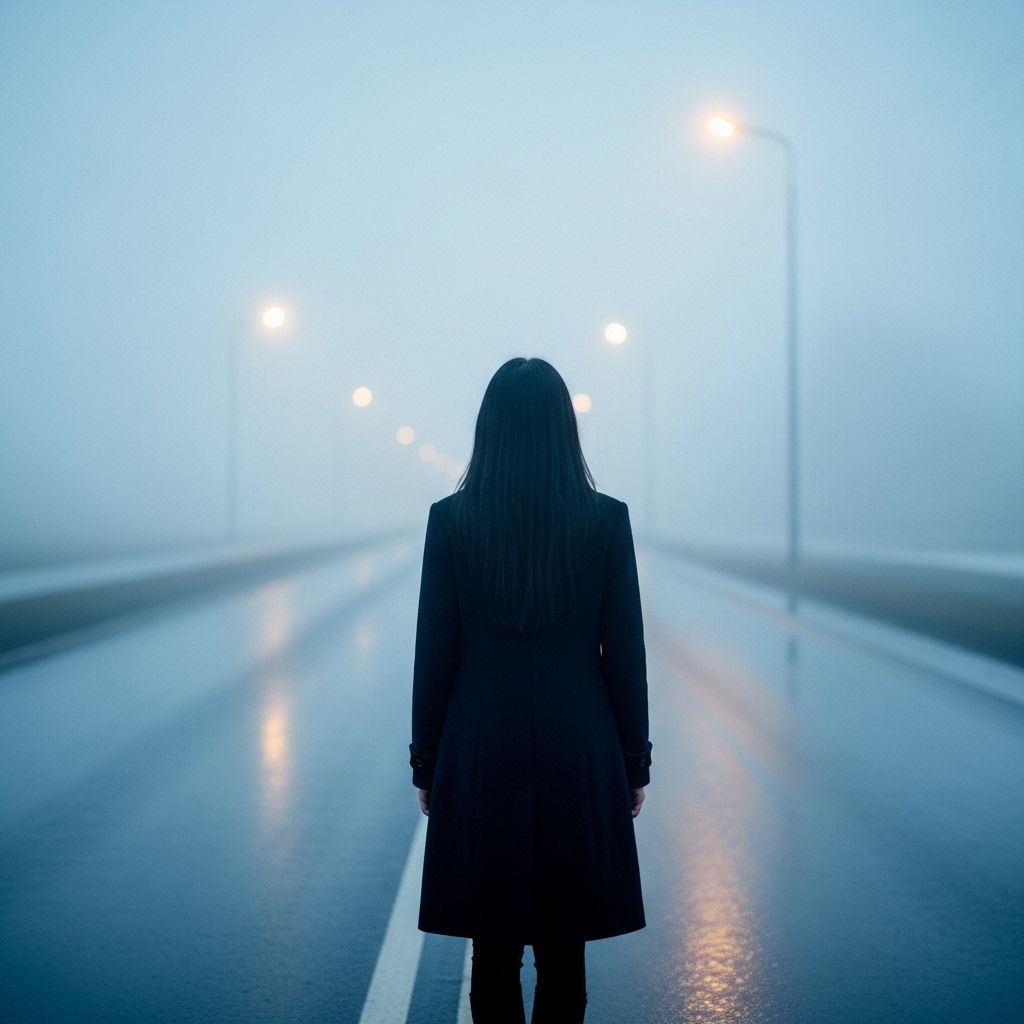 A girl with long black hair stands facing away, looking into the distance on a foggy road. The winter atmosphere feels cold and damp, like after a light rain. Thick February fog drifts across the empty road, reflecting soft, muted streetlight glow. The ground is slightly wet, adding subtle reflections. Pale blue and gray tones dominate the scene. The mood is quiet, melancholic, and cinematic, as if frozen in time. Cinematic composition, wide-angle shot, soft diffused lighting, shallow depth of field, realistic textures, gentle film grain, emotional winter atmosphere, like a scene from a slow, intimate film.