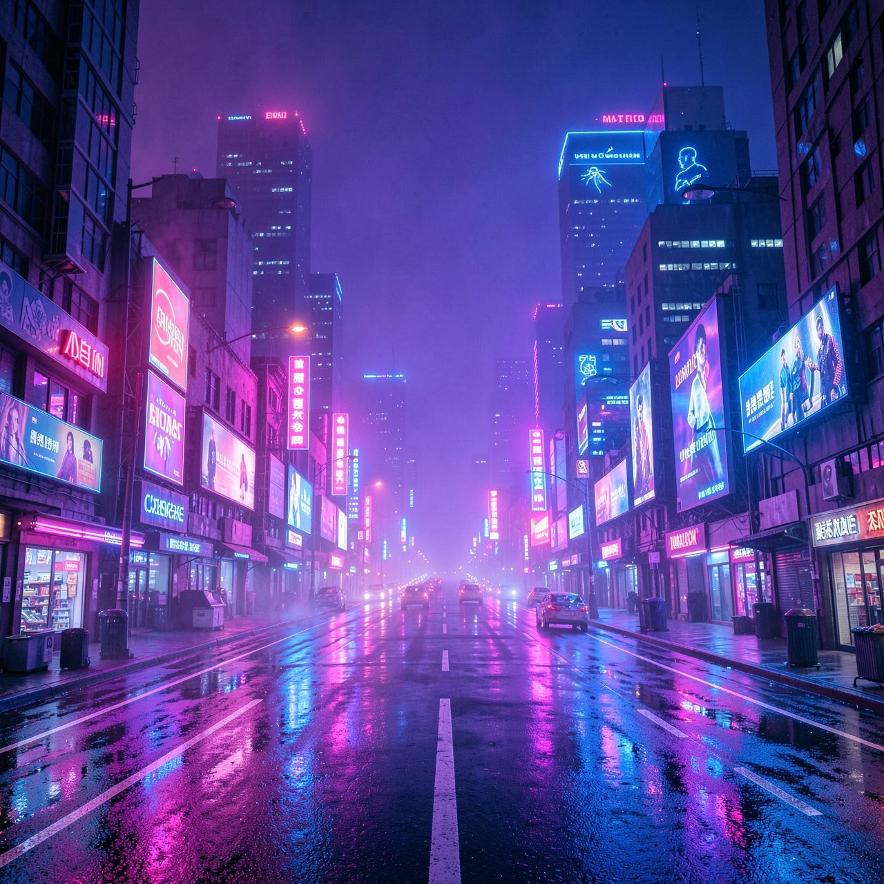 A cinematic synthwave cyberpunk city at night: endless neon-lit roads stretch through a futuristic metropolis. Skyscrapers glow with pink, purple, and electric blue lights, disappearing into thick violet-blue fog. Wet asphalt reflects neon signs and holographic billboards, creating a dreamlike, retro-futuristic atmosphere. The city feels vast, lonely, and epic, like the fall of a digital world. Strong synthwave aesthetics, 80s cyberpunk mood, glowing lights, neon haze, wide-angle perspective, cinematic lighting, retro-futurism, ultra-detailed, high contrast, album cover, 4K.