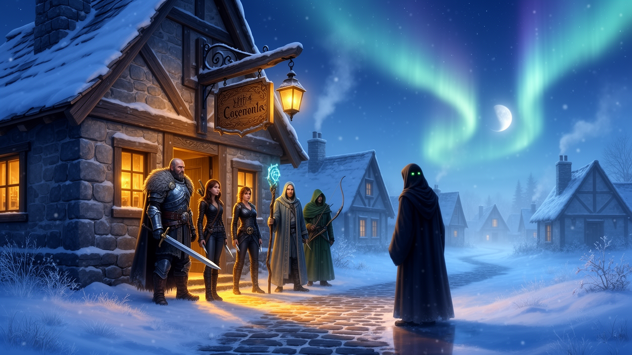 A quaint stone tavern nestled in a snowy village, its warm lantern light spilling onto the frost-kissed path where a band of adventurers and a hooded figure with glowing eyes gather beneath a creak...