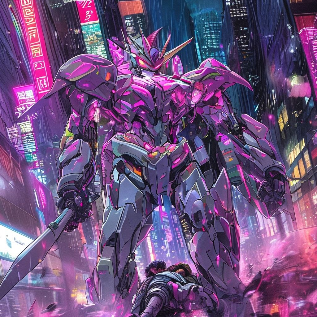 A delicate shoujo manga-style mecha with flowing, petal-like armor stands amidst a rain-soaked neon city, its glowing pink eyes reflecting shattered skyscrapers as it cradles a wounded enemy pilot ...
