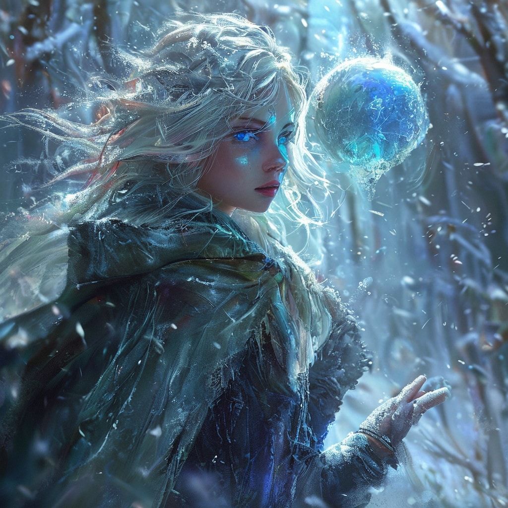 A mystical young woman with silver hair and glowing blue eyes stands amidst an ancient, snow-laden forest, her tattered cloak billowing in the icy wind as she gazes at a floating orb of ethereal li...