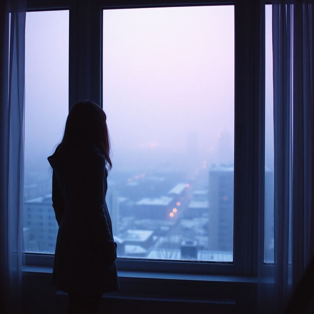 A girl stands inside a quiet room, facing away, looking out through a window. Outside, a foggy February winter unfolds — light snowfall drifts slowly through the air, and the sky glows with soft violet and muted purple tones. The city beyond the glass feels distant and blurred by mist. Cold winter light enters the room gently, casting subtle shadows. The atmosphere is calm, introspective, and emotional, capturing a moment of stillness and inner change. Cinematic composition, soft diffused lighting, shallow depth of field, cool color palette with violet accents, misty winter mood, realistic textures, gentle film grain, intimate and poetic atmosphere, like a scene from a quiet winter film.