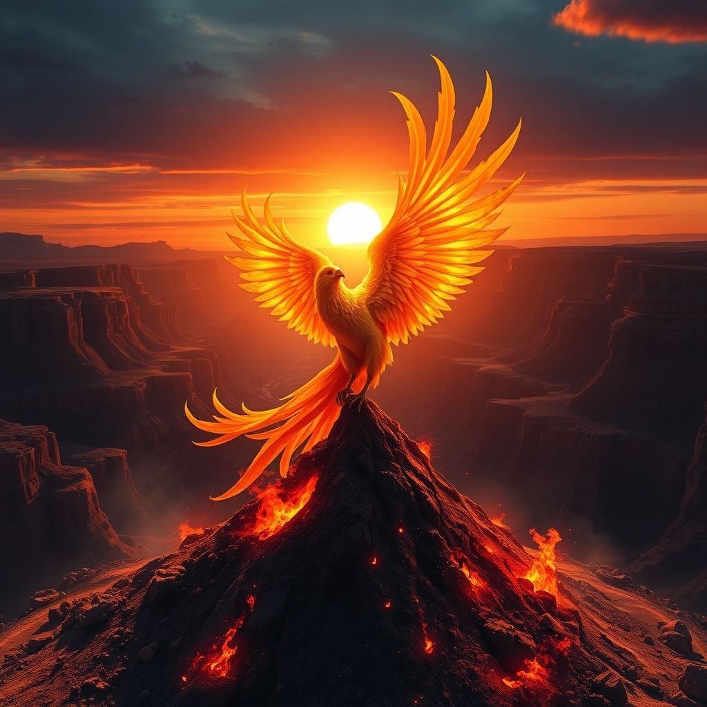 A majestic phoenix, its feathers ablaze with golden and crimson hues, rises from a smoldering ash mound in a vast, desolate canyon at dusk, backlit by a fiery sunset casting long shadows, with dram...