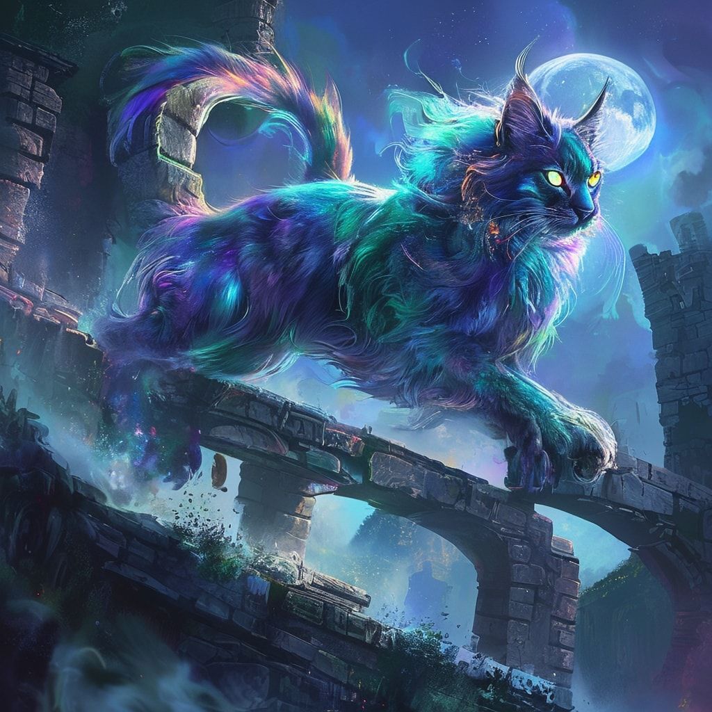 A majestic feline with iridescent fur and glowing emerald eyes leaps gracefully across a moonlit, ancient stone bridge, its tail flickering like a comet trail. Mist swirls around the crumbling ruin...