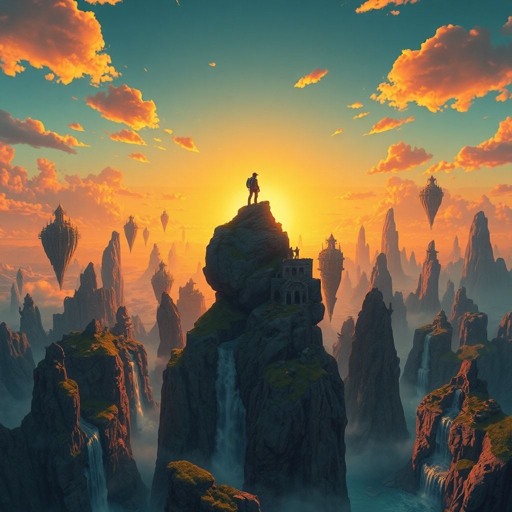 A vast expanse of floating islands drifts through a golden twilight sky, their jagged cliffs adorned with ancient ruins and cascading waterfalls. A lone adventurer stands atop the highest peak, sil...