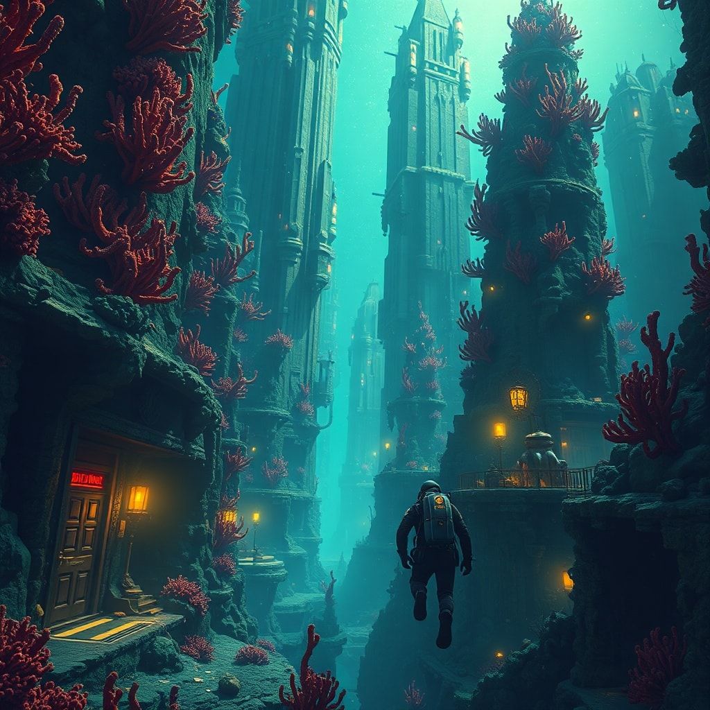 A lone deep-sea explorer in a high-tech diving suit navigates through the labyrinthine streets of an abandoned underwater metropolis, where towering coral skyscrapers pulse with an eerie biolumines...