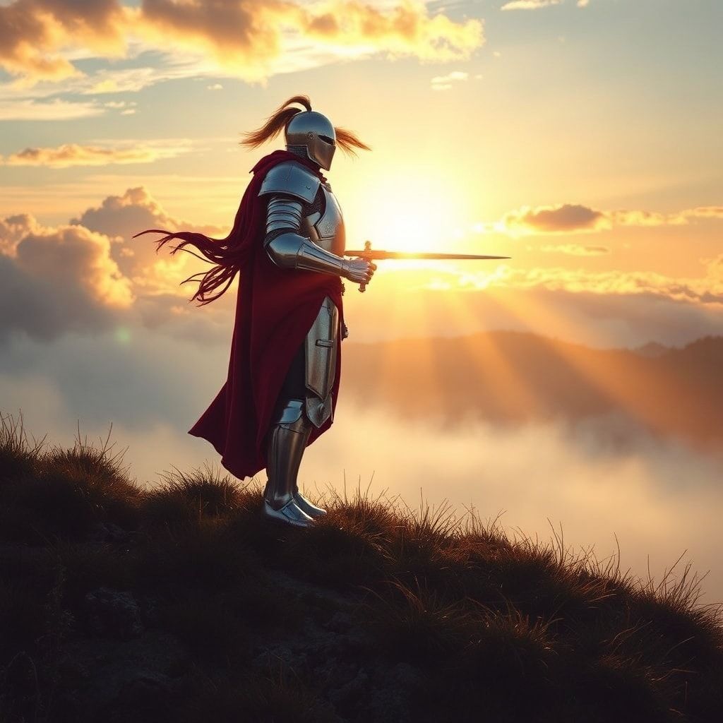A lone knight in polished silver armor stands atop a misty hill at dawn, his sword gleaming as golden sunlight breaks through the clouds, casting long dramatic shadows. The wind rustles his crimson...