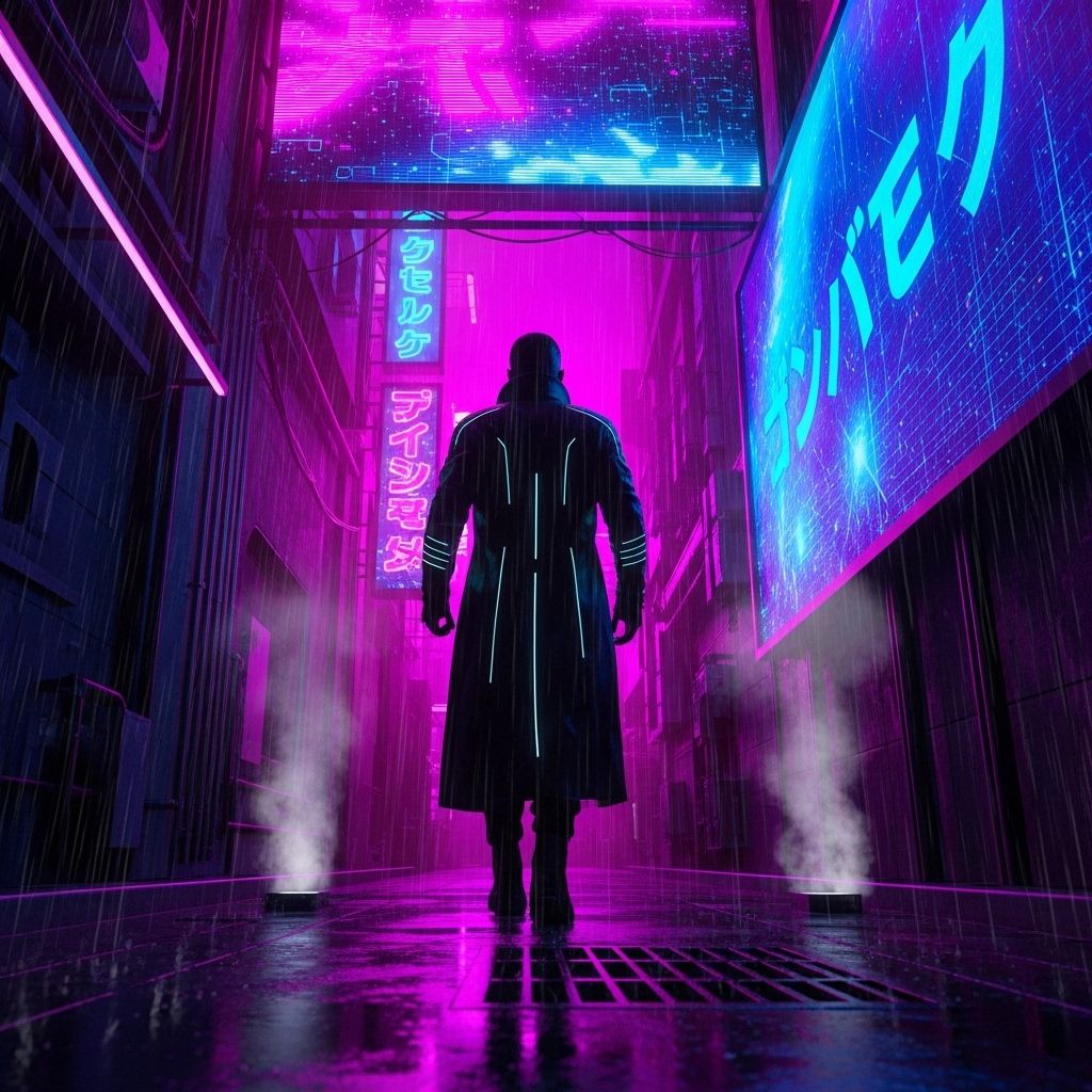 A lone cyberpunk figure in a trench coat strides down a neon-drenched alley, rain-slicked pavement reflecting vibrant pink and blue hues, synthwave billboards flicker in the background, moody low-a...